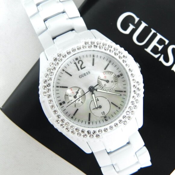 NWT Guess Ladies Mother-Of-Pearl Watch | White Ceramic with Crystals Wristwatch - Picture 4 of 10